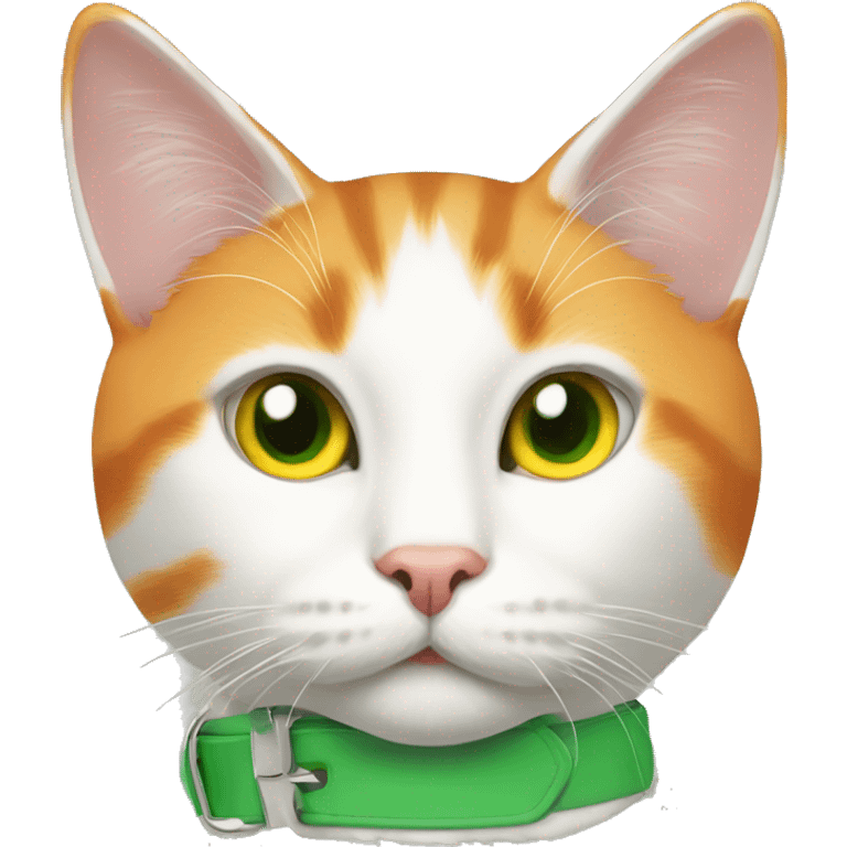 Orange and white cat with a green collar and yellow eyes emoji