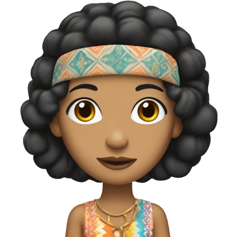 Tanned woman with black hair dressed in 1970s hippie attire, hair, makeup, and  attire with headband  emoji