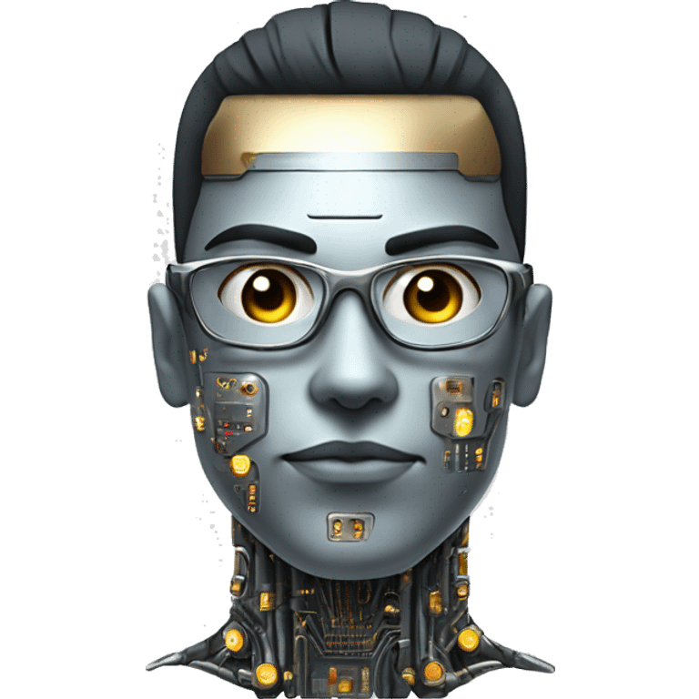 Male cyborg head with metallic skin, flat top, rectangular glasses and circuits emoji