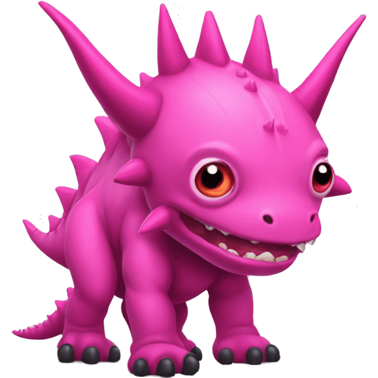 A giant pink kaiju with a long neck, 2 bright pink tusks, horns and 10 spines. He has also 4 full dark pink eyes with no pupils, dark pink claws and he got 2 spines on its tail.  emoji