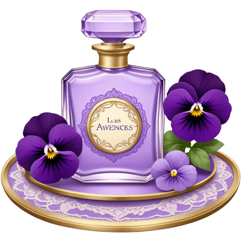 An ornate glass perfume bottle, filled with a delicate violet-hued elixir, rests on a lace-covered vanity tray, surrounded by pressed pansies in shades of lavender, plum, and amethyst, their petals softly curling with time. A worn leather-bound poetry book, its pages kissed with faded lilac ink, lies open beside it, exuding whispers of forgotten verses and fleeting romance emoji