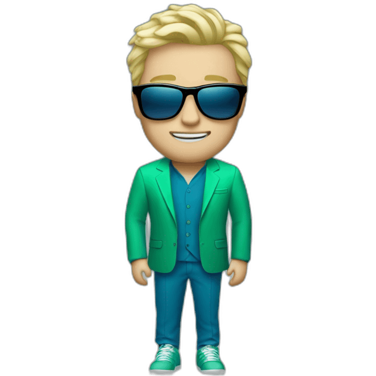 white guy in gradient green blue suit with blonde hair and black sunglasses standing with adidas shoes emoji