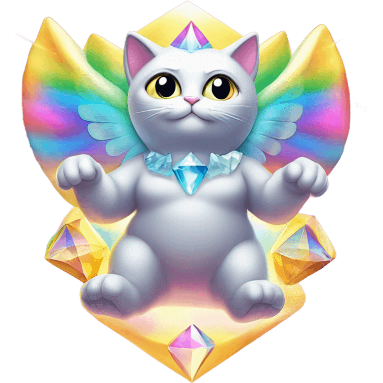 Transcendent Heavenly Rainbow 4d Diamond ultra mega surpream Omni-Cat God with wings and a ring around its body and another ring above it’s head full body emoji