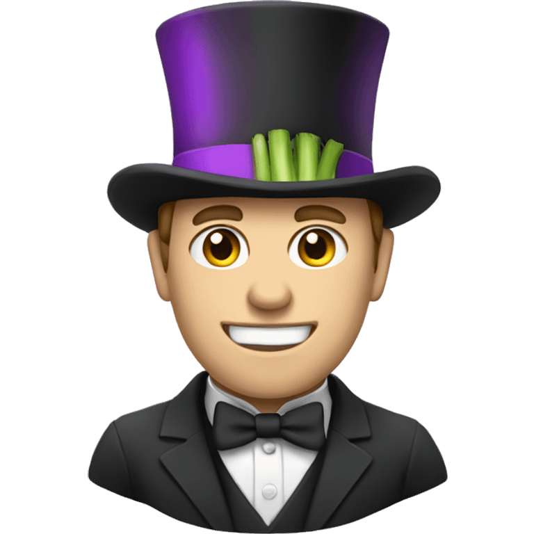 White man wearing a Top Hat with a purple band holding a leek emoji