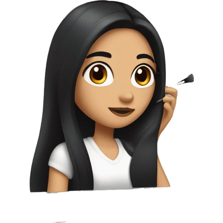 Pretty girl with long black hair and brown eyes doing her makeup in a mirror  emoji