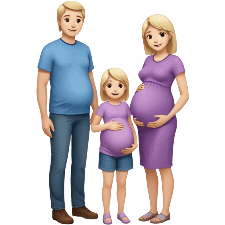 A family. The mother is pregnant and has long light hair. The dad is tall and has brown short hair. The child is 2 years old, it’s a girl and has short really light hair and is very similar to her parents. emoji