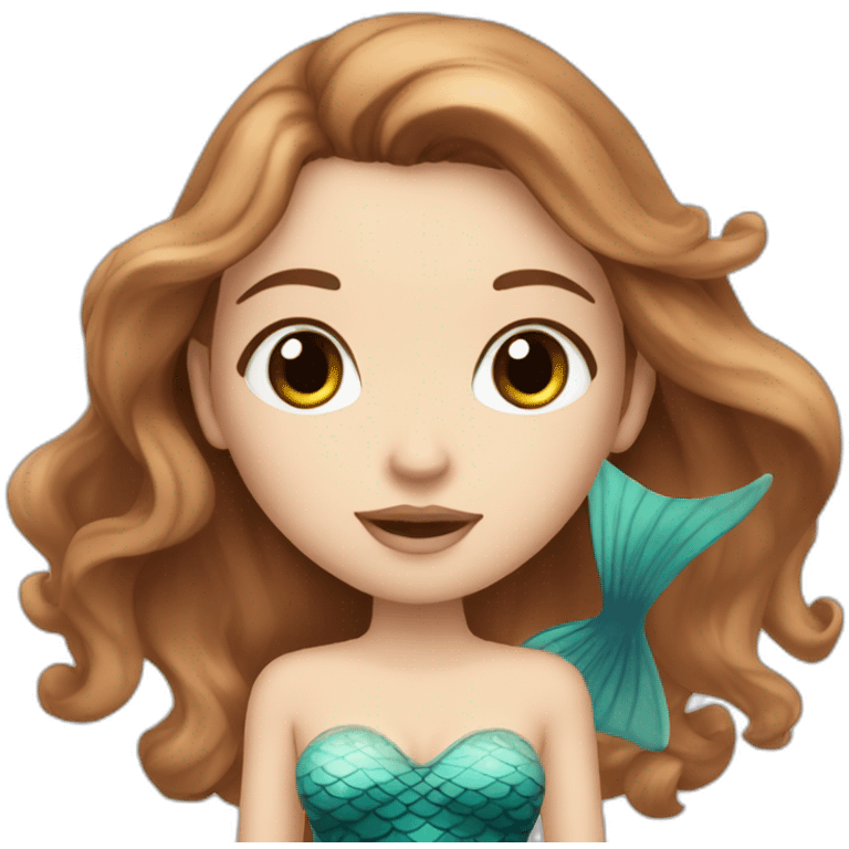 White girl with black eyes and long brown hair with a dreamy fish or mermaid looking face emoji