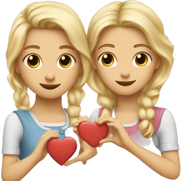 two girls make hearts with their hands, one girl is blonde and the second girl's hair are dark emoji