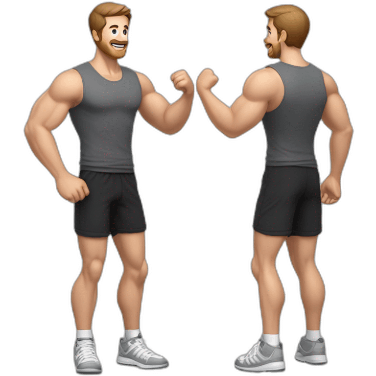 Full height realistic Actively gesturing with hands Pale skinned Fit Man With the biceps and brown hair in dark gray Sleeveless Mike, black oversize sports shorts, watch and white Sneakers emoji