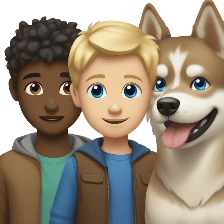 Brown boy, blond boy and a golden One Husky with blue eyes emoji