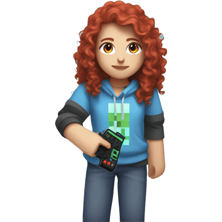 a white girl with long red curly hair, wearing periwinkle Minecraft hoodie holding a controller emoji