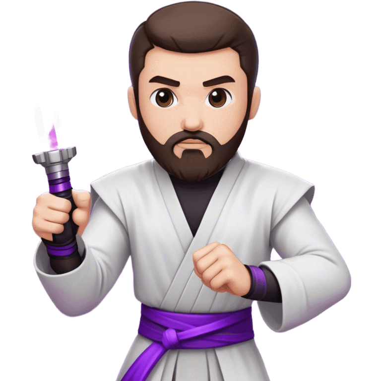 white man with dark brown beard and goatee  standing in a fighting pose holding a purple lightsaber  emoji