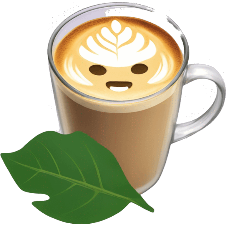 A latte in a clear glass mug with a leaf-shaped latte art design emoji