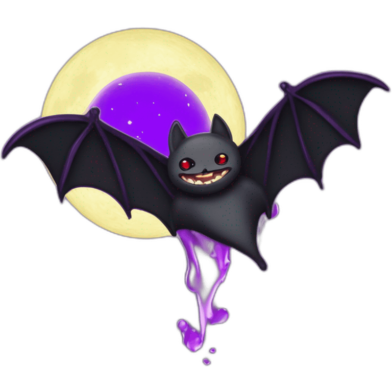 purple black vampire bat wings flying in front of large dripping crescent moon emoji