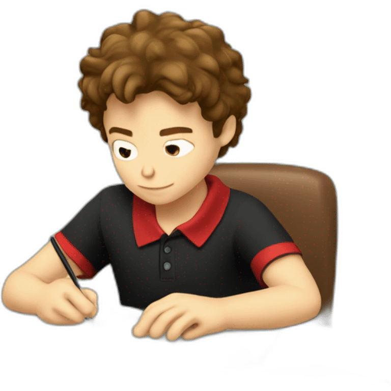 Caucasian-boy-child-shaggy-brown-hair-red-polo-shirt-black-trousers-doing-homework emoji