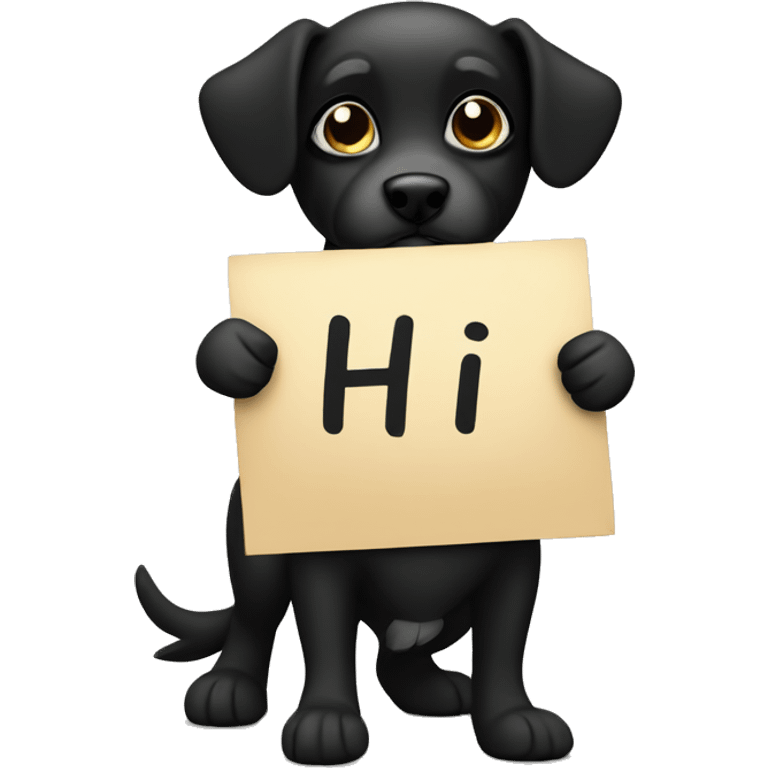 black mini dog holding a sign with the inscription ''hi” emoji