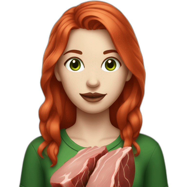 vegan woman white skin red hair green eyes holding meat emoji