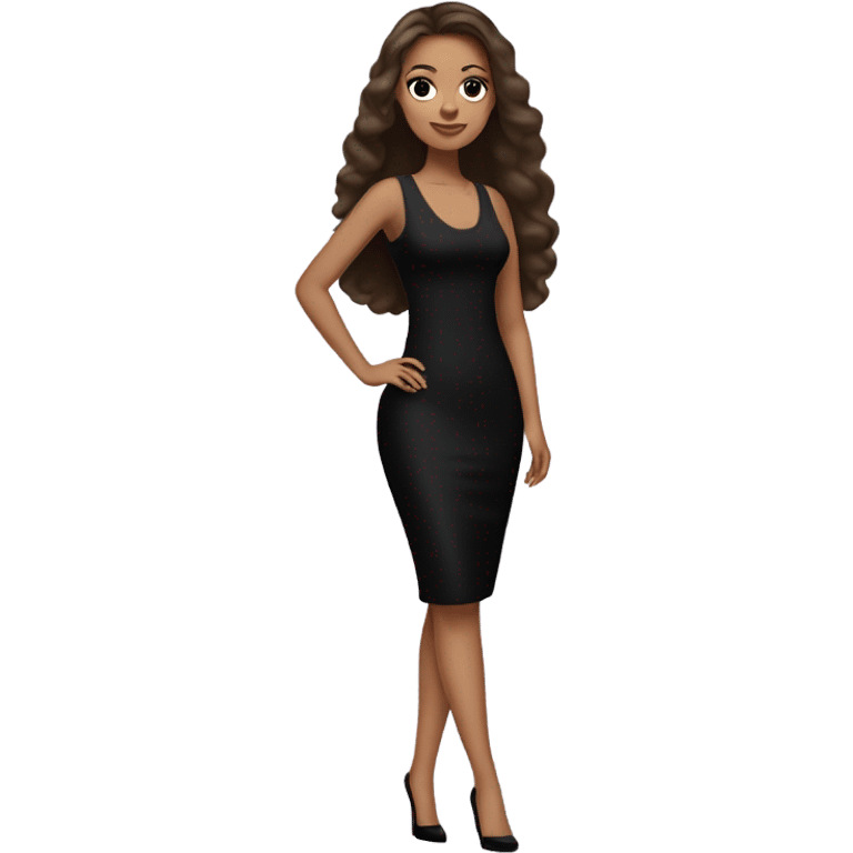 Girl wearing long black bodycon dress with lashes and makeup on and long straight brown hair and wearing black heels and light skin  emoji