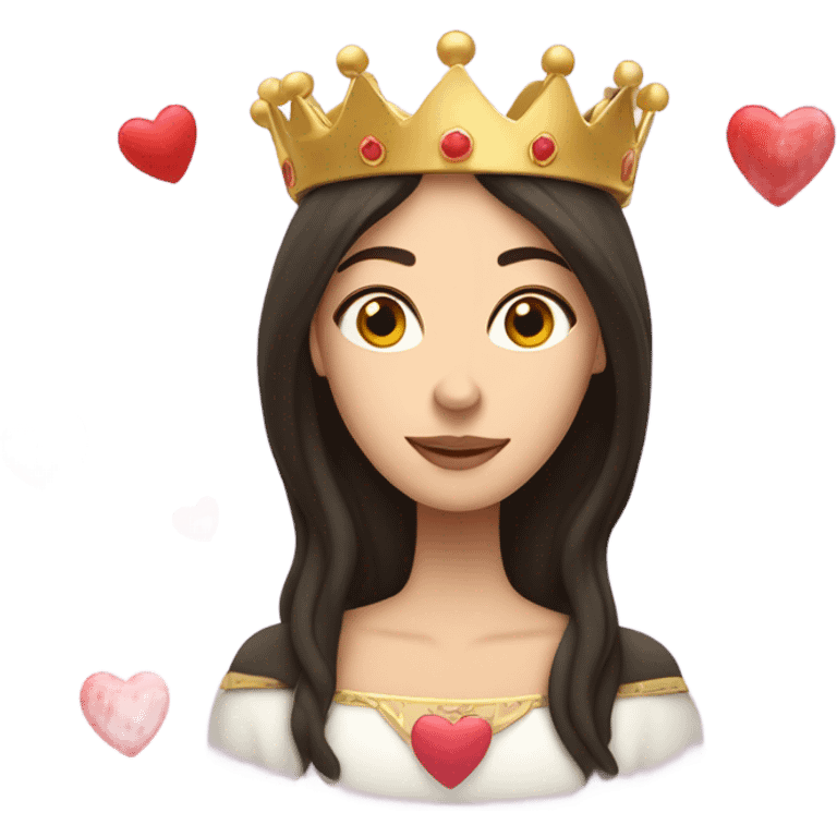 Caucasian long dark haired woman wearing a crown with hearts floating around her head emoji