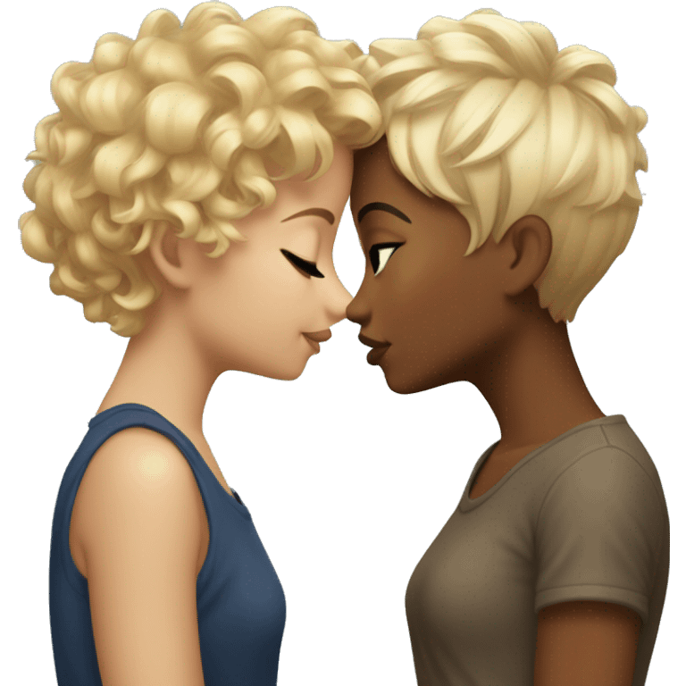 Tow girls kissing one of them have a blonde Curly hair and her skin is brown and the other is also brown skin with a pixie cut  emoji