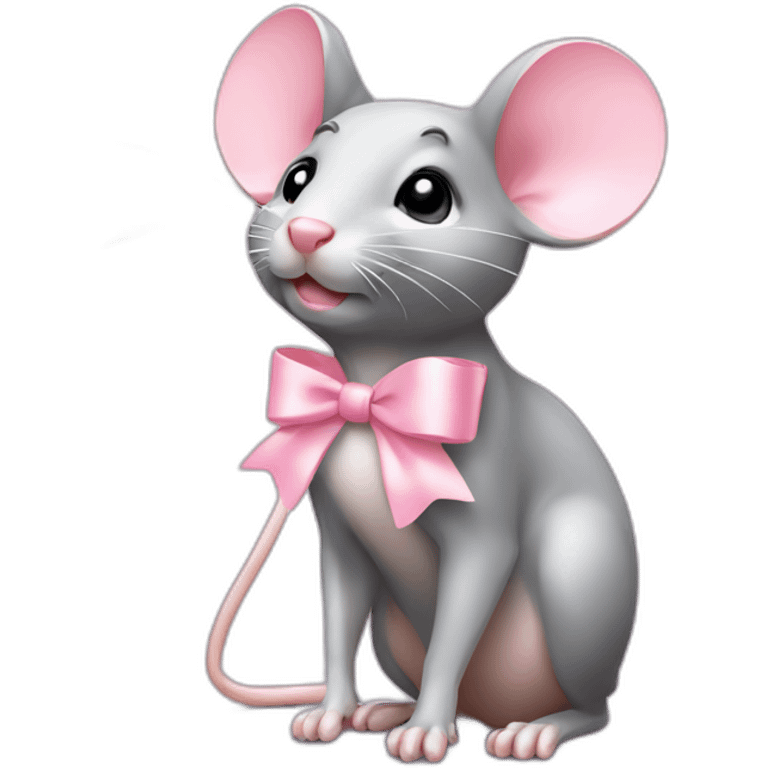 Coquette little standing gray rat with flowing light pink bow on head emoji