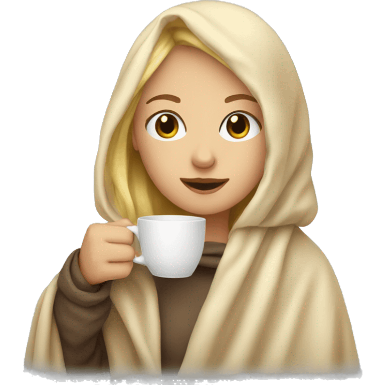 Blonde girl in blanket drinking coffee  emoji