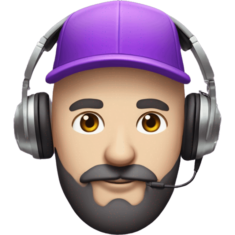 Bald white guy with purple baseball hat with flat rim short black beard and mustache wearing  gaming headphones and a psychedelic shirt with a unicorn on it and smoking a pipe emoji