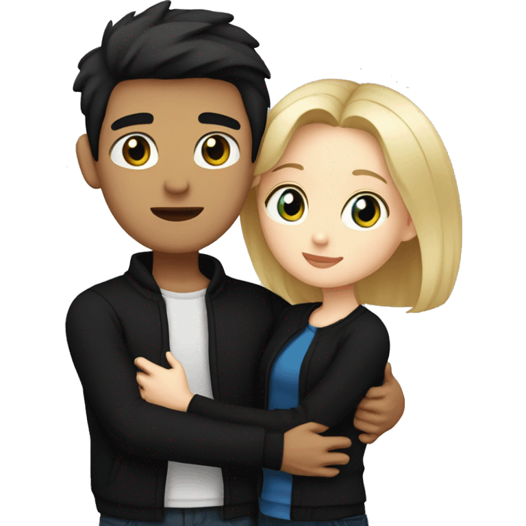 Blonde girl with blue eyes in black sweater and an east asian man with black hair and black eyes hugging emoji