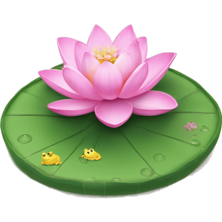 beautiful lilypad with a pink lotus flower and small green frog on it emoji