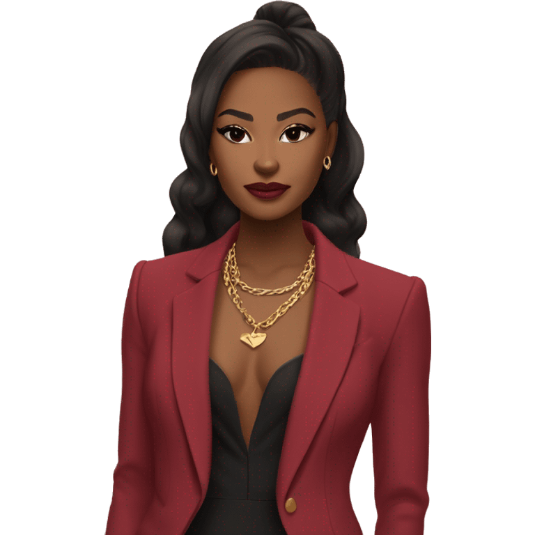 	•	Outfit: Deep red suit, gold necklace, pink clutch.
	•	Hair: Black, half-up with red bow, voluminous.
	•	Skin: Warm tan, smooth.
	•	Features: Defined brows, almond eyes, sharp jawline.
	•	Makeup: Winged liner, nude lips, soft blush. emoji