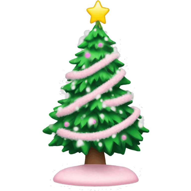 pink christmas tree with snow and white lights and green garland emoji