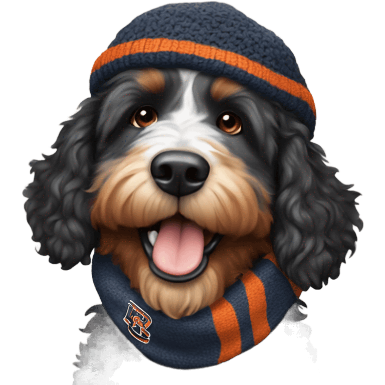 Bernedoodle with chicago bears hat and scarf emoji