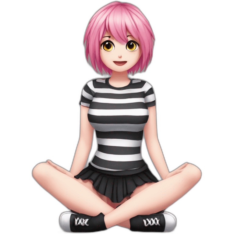 Full body Front view curvy emo girl pink hair sits on the floor straight view hands up black skirt striped torn stockings emoji