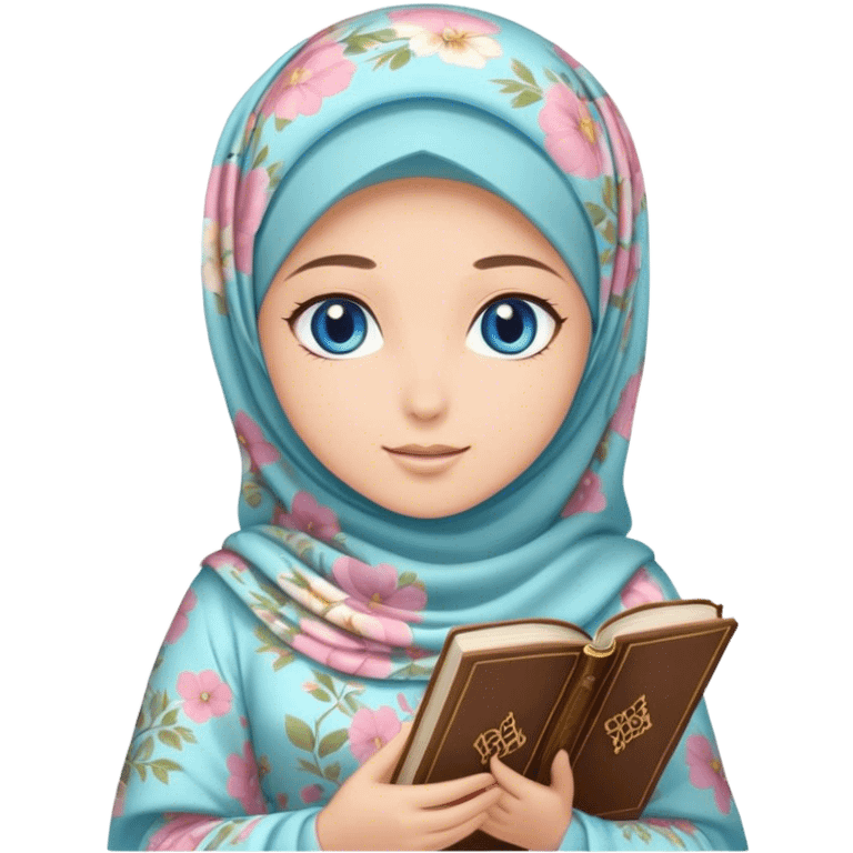 Turkish beautiful finish Konya girl blue eyes with hijab and pastel floral dress have Quran  emoji