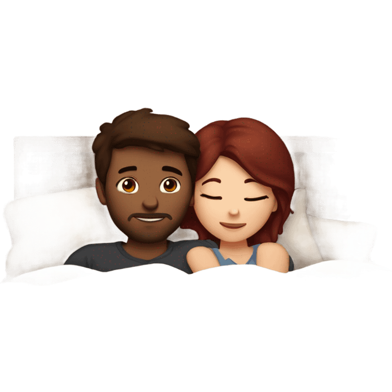 Burgundy haired girl and brunette boyfriend cuddling in bed emoji