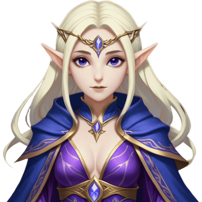 Cinematic Realistic WoW Elf Mage Portrait, head tilted epicly and inquisitively, showcasing a commanding presence and graceful arcane power. Her luminous, porcelain-like skin and delicate features, framed by an intricately detailed robe in deep blues and purples with golden accents, are rendered with lifelike clarity and dramatic, mystical lighting, high shine, epic and awe-inspiring, embodying the timeless magic of an elven mage poised to reshape destiny. emoji