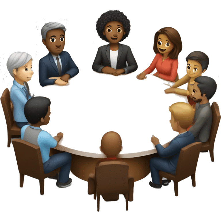 A round table with people sitting around it. They should be diverse in race and hair style emoji