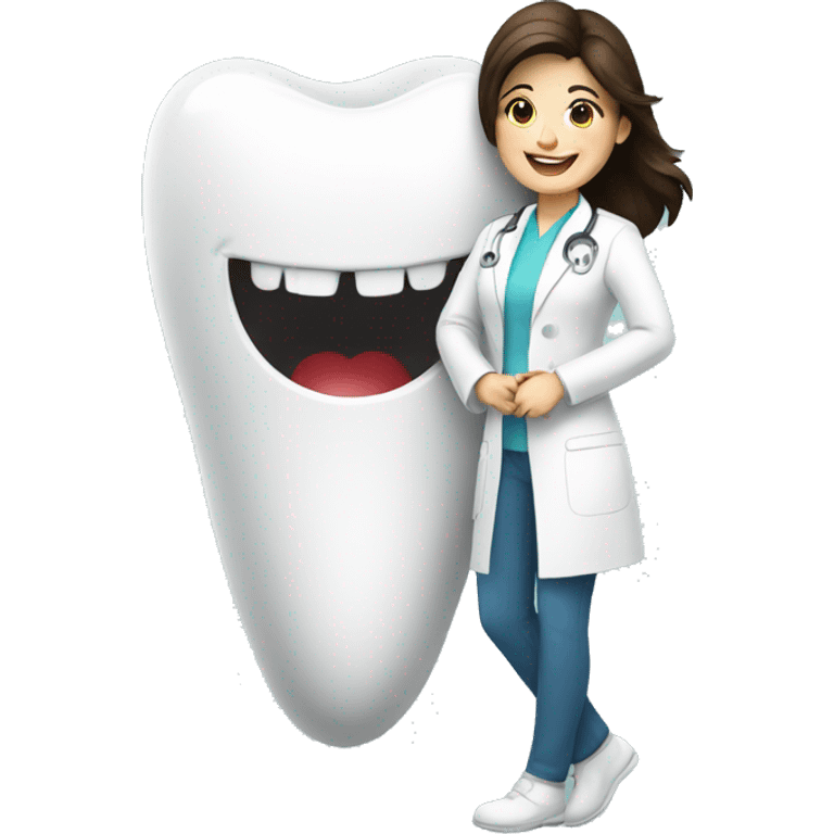 a brunette dentist leaning against a tooth smiling emoji