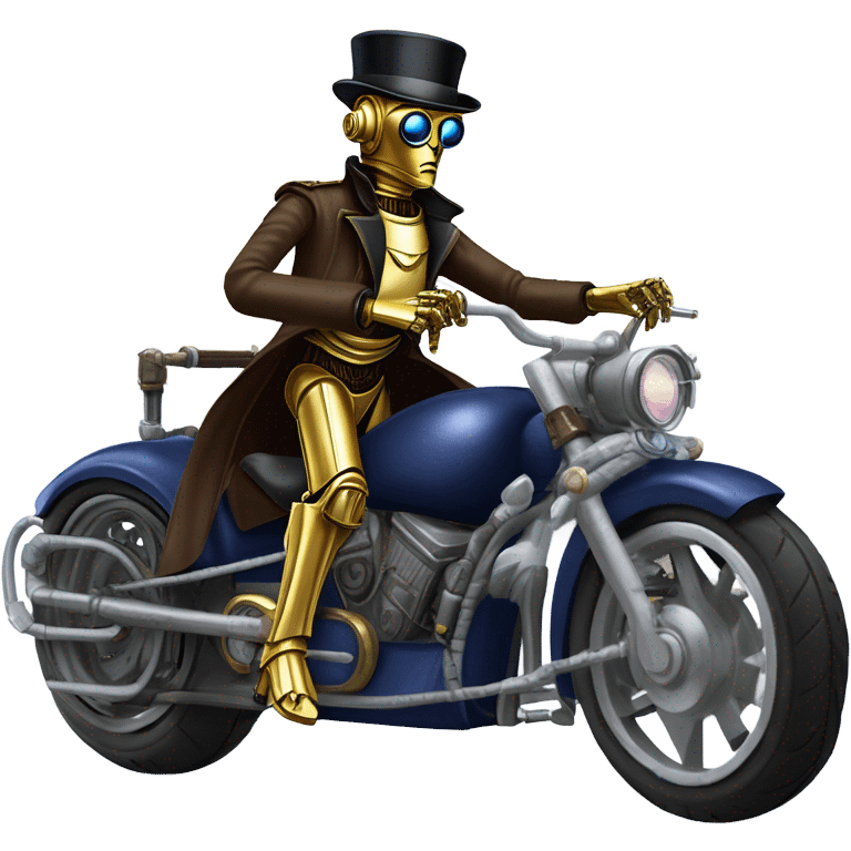 C-3PO wearing a pair of navy-blue rimmed steampunk goggles, hat, leather chaps, fringe jacket riding a fast 3 wheeler trike steampunk motorcycle on ice  emoji