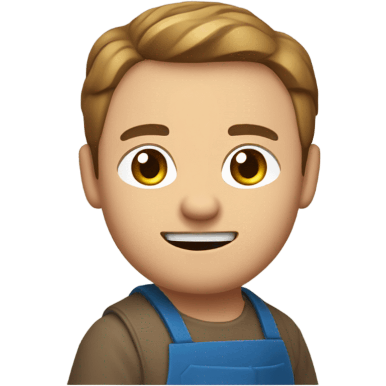 "A sturdy man with rough hands, short light brown hair, and a friendly, naive expression. He wears a work apron over simple clothes and holds a hammer or wood in a rustic workshop." emoji