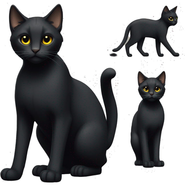 One petite, solid sleek black furred cat. Light yellow eyes. Pointed ear tufts like a lynx cat. Fully body black and no other color markings. Facing forward and standing with ears slightly tilted. emoji