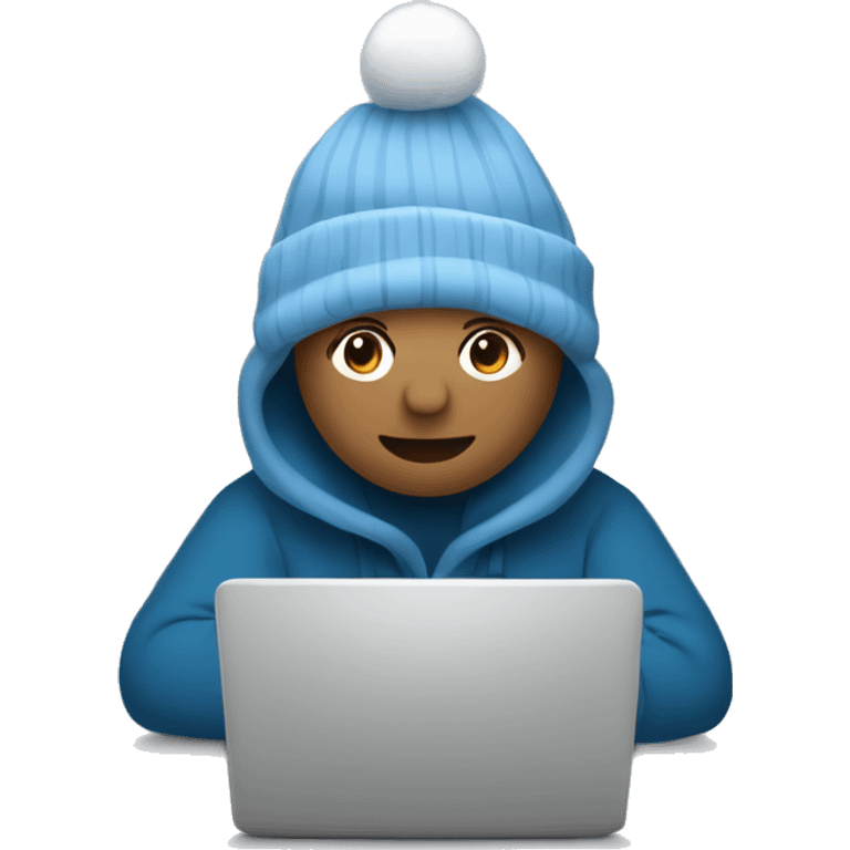 A minimalistic cartoon emoji: person behind gray laptop, festive New Year theme, gray-blue tones, snowflakes emoji