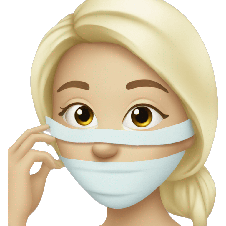 blonde girl with towel and under eye masks in a spa emoji