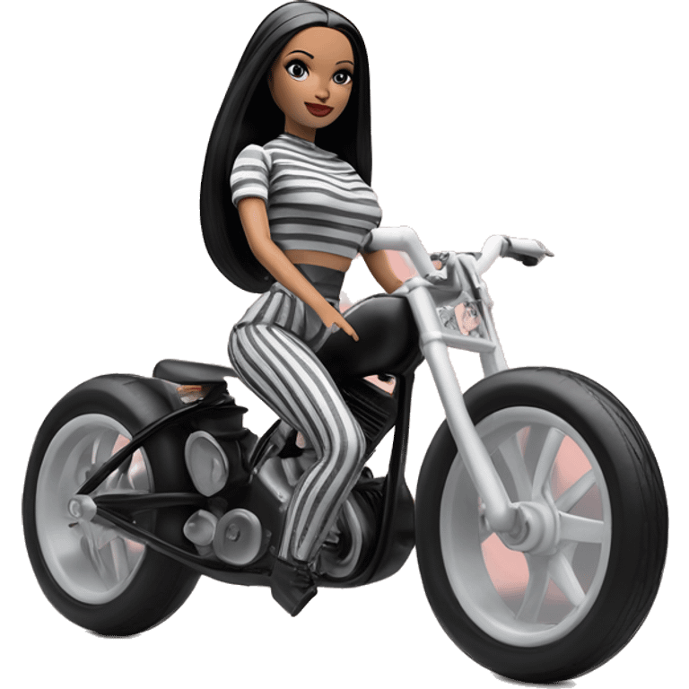 Jeffery New York Lingerie Barbie white Wednesday Addams from academy in vertically-striped gray and black outfit. Leaning back, riding a wheelie on a hot rod bike emoji