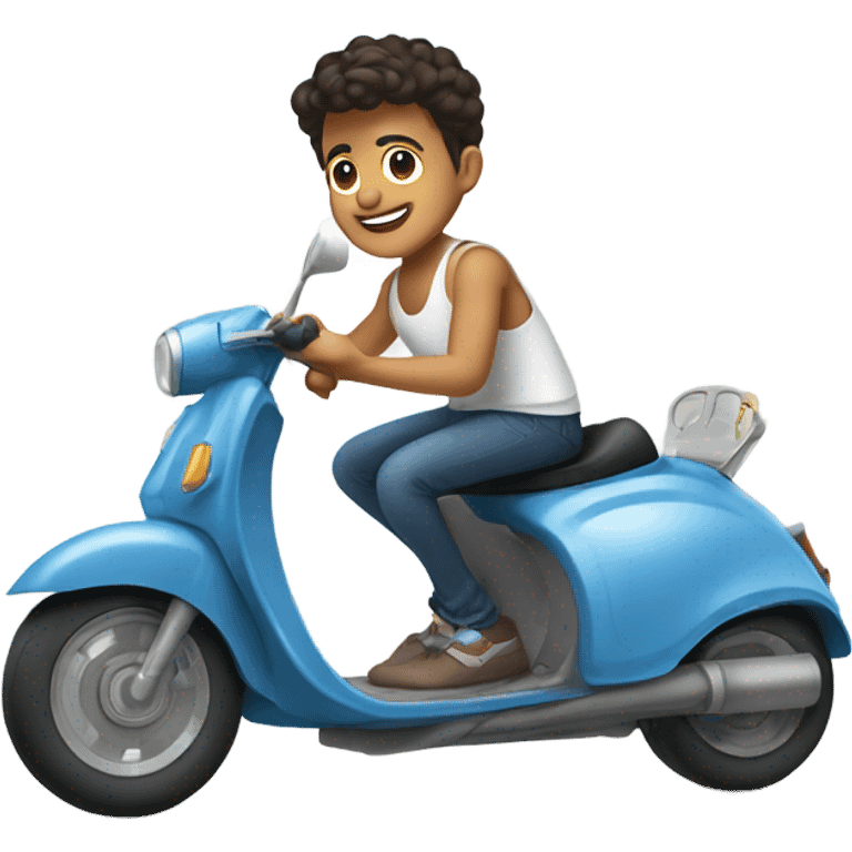 hispanic boy wearing a white tank top and jeans and rides a blue scooter emoji