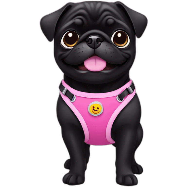 Black pug smiling in pink harness emoji