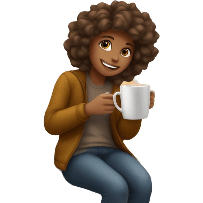 A girl sitting on a window with a cup of coffee in autumn  emoji