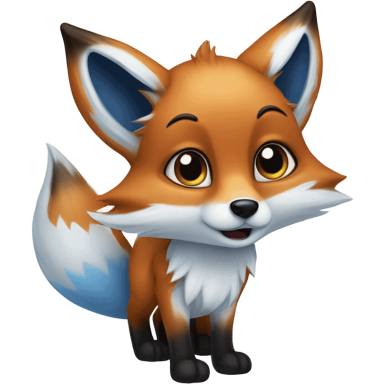 An anthropomorphic fox with blue fur. It has large ears with white insides and brown tips. The character's eyes are large, black, and very expressive. There are two white spots on its forehead. The nose is black, and the lower part of its face is white. The character looks cartoonish. emoji