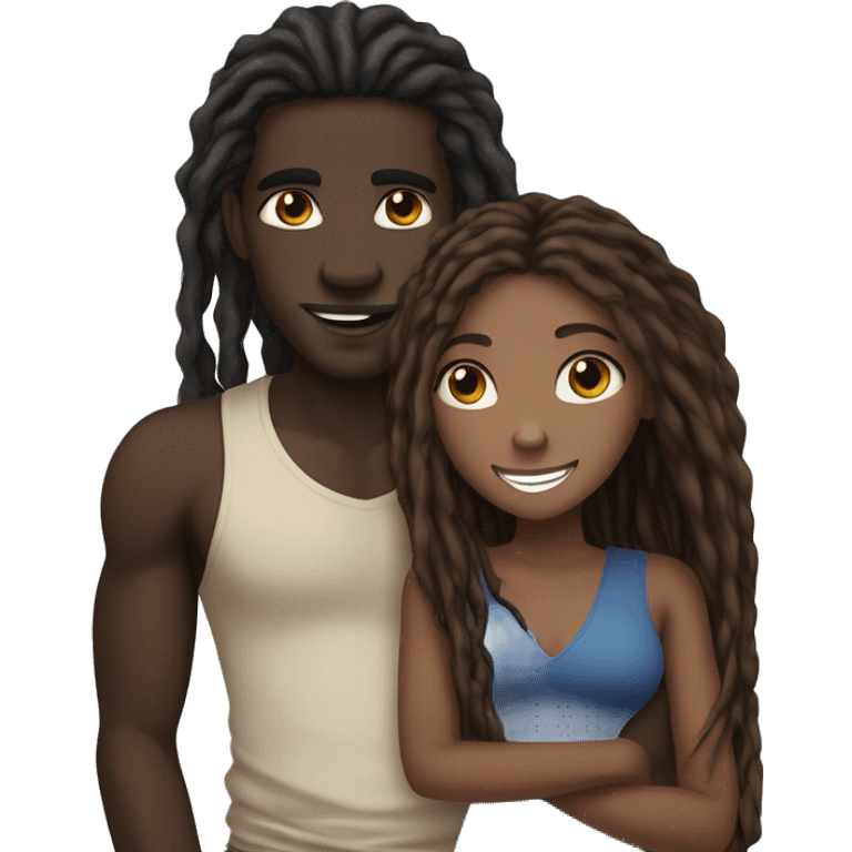 darkskin male with long dreads and blue eyes hugging a light brownskin woman with long dark brown hair and a nice smile emoji