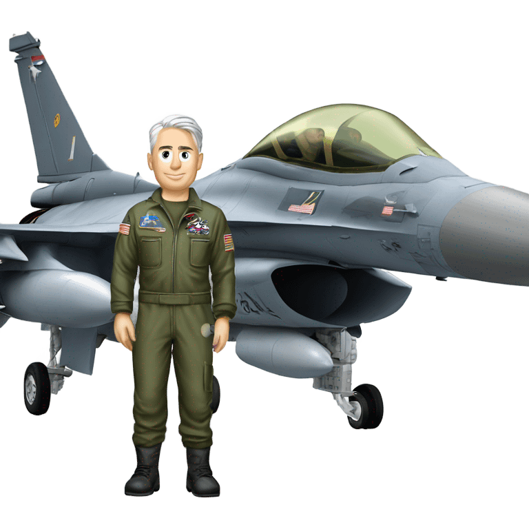 Old fighter pilot standing beside F-16 emoji